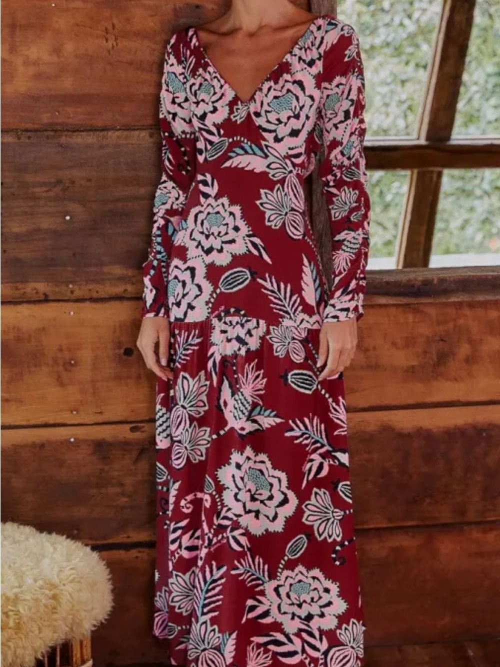 FARM Rio Burgundy Floral V-Neck Maxi Dress